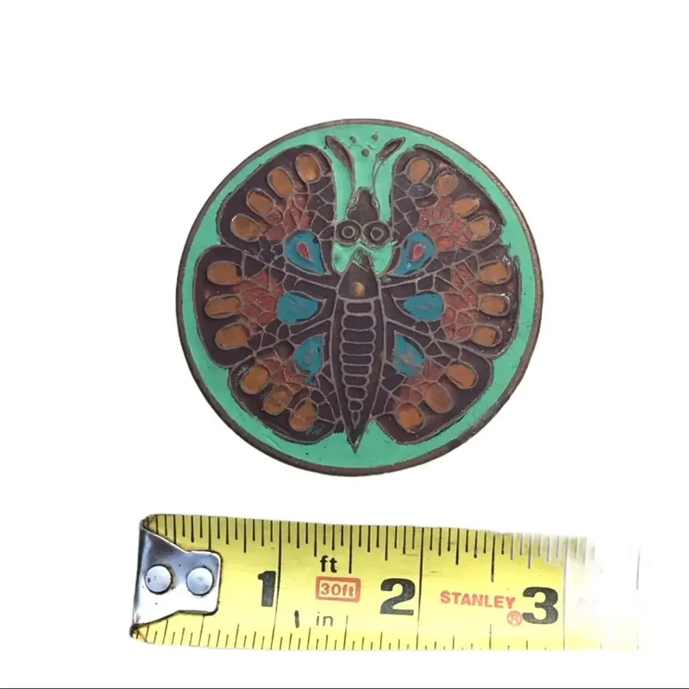 Vintage Brass Ring Box with Moth or Butterfly in Orange and Mint Green Enamel